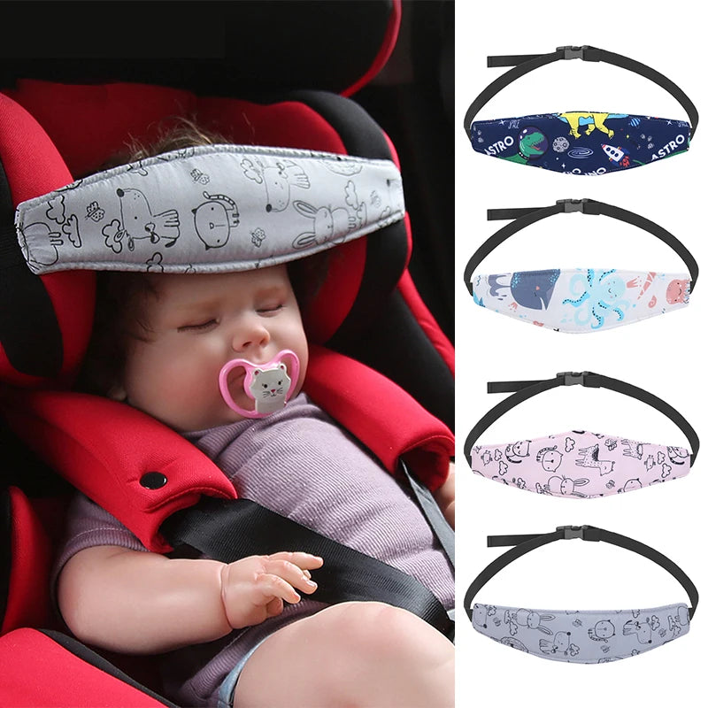 A baby is shown in a red car seat with an adjustable head support pillow and a matching fabric headband.