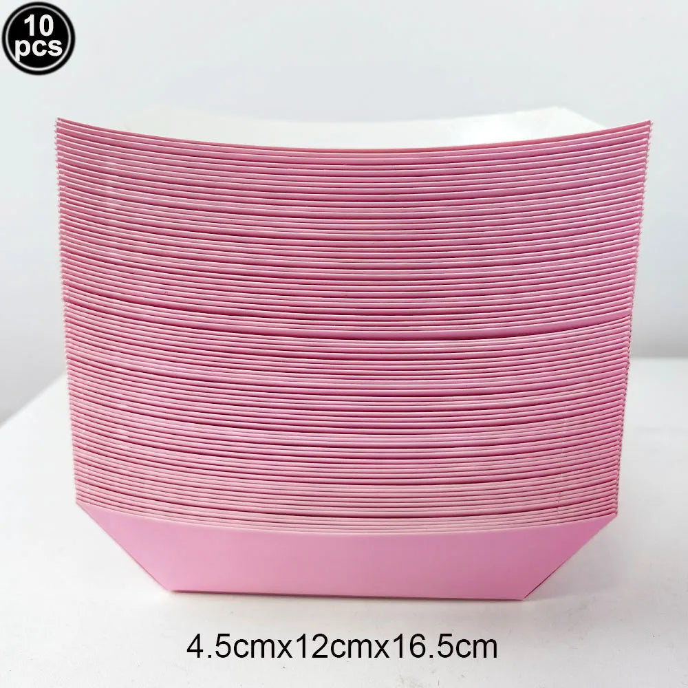 A stack of pink rectangle tablecloths, 10 pieces per stack, with dimensions 4.5cm x 12cm x 16.5cm.