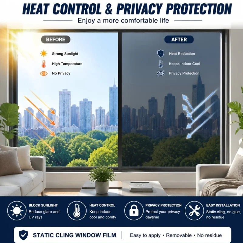 A comparison showing a window before and after applying a heat control and privacy protection film.