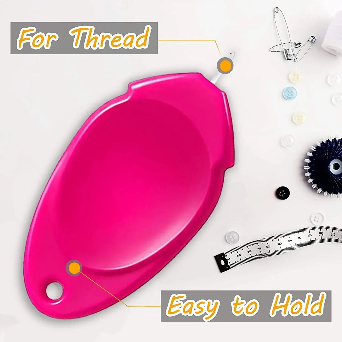 A bright pink precision needle threader tool is shown with instructions for threading and easy holding.