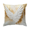 Decorative throw pillow cover featuring white wings with gold accents on a light background