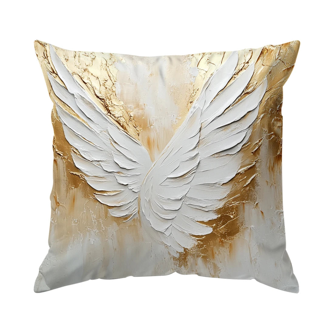 Decorative throw pillow cover featuring white wings with gold accents on a light background