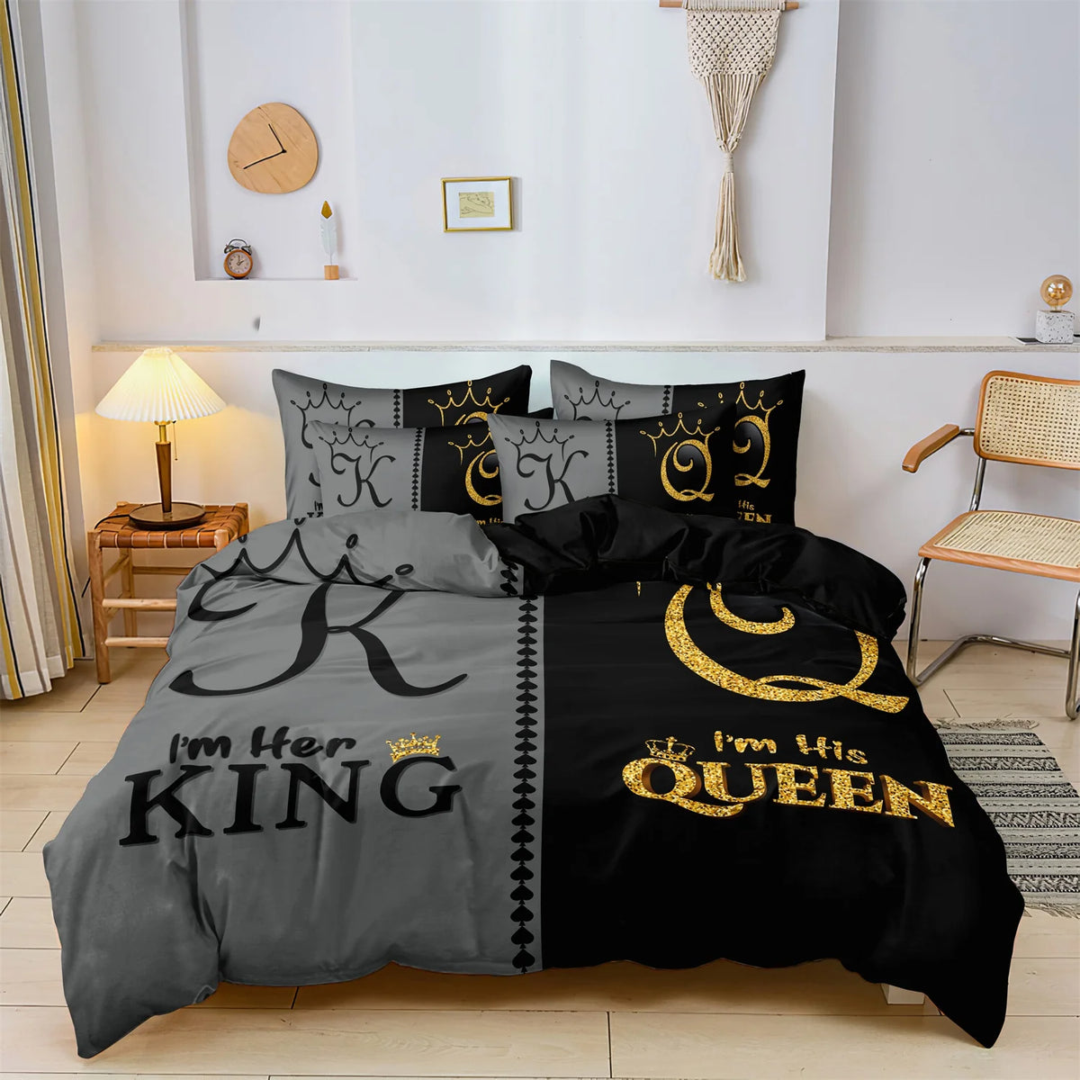 Black and gray duvet cover set featuring royal crown king and queen designs