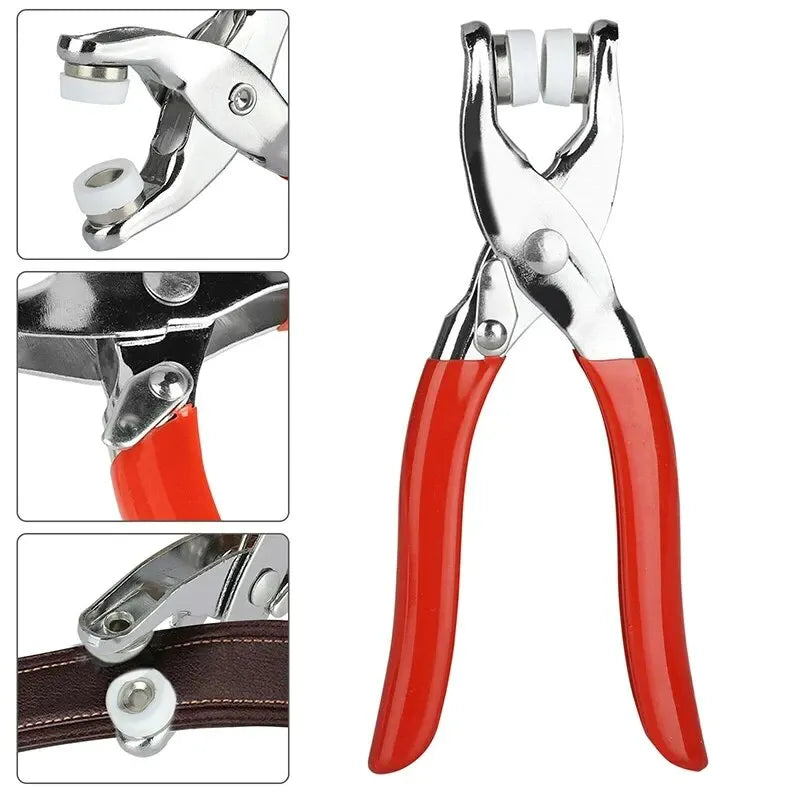 A pair of metal prong rings and snap buttons DIY sewing tools shown in various angles.