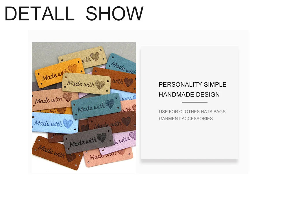 A collection of handmade leather tags in various colors and designs for clothing, hats, bags, and other accessories.