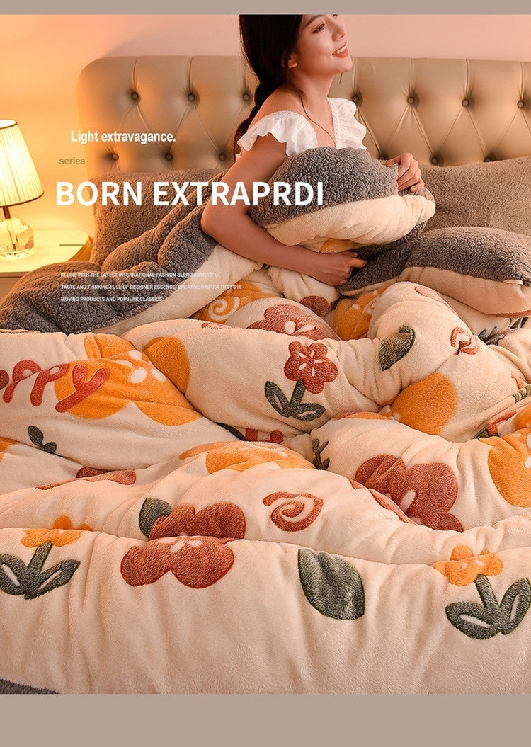 A woman is relaxing in a bed surrounded by thick, textured lamb wool blankets and pillows.