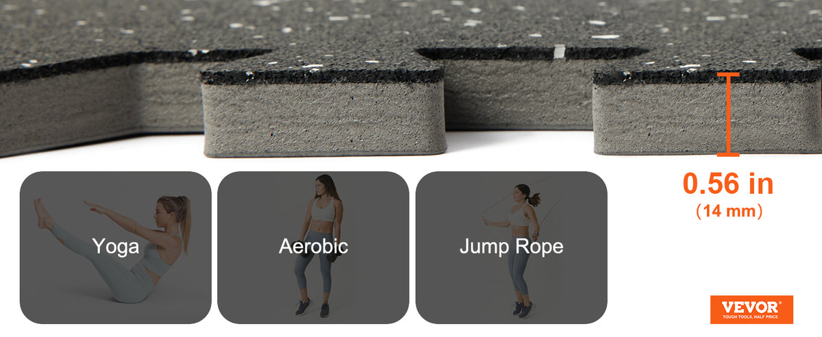 Close-up view of a gray interlocking thick fitness floor mat with a measurement indicating 0.56 inches thickness.