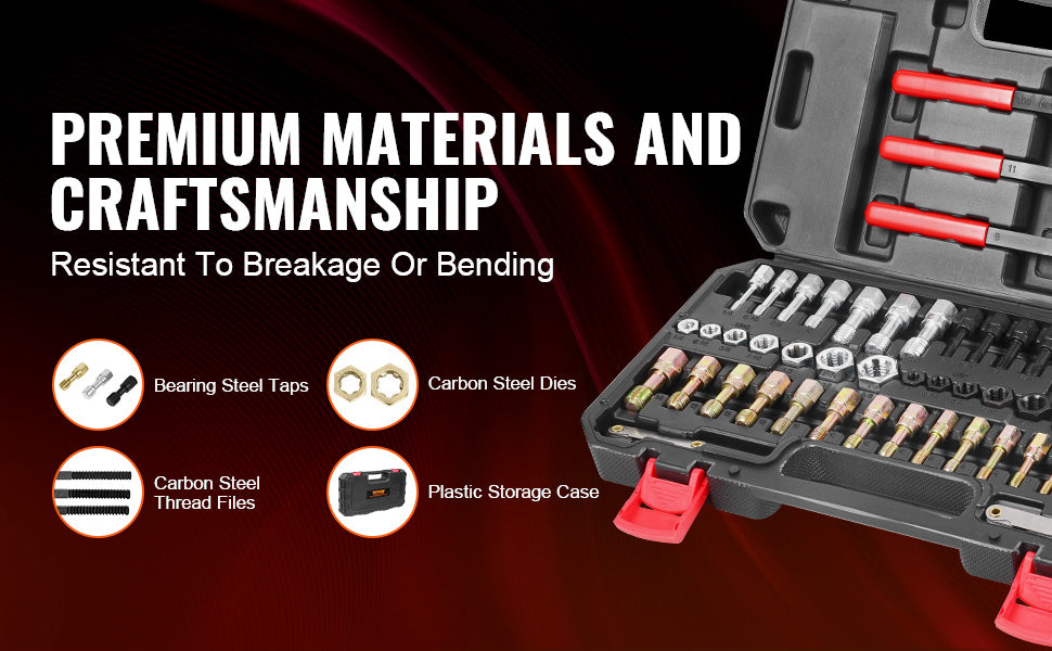 A kit of premium materials including bearing steel taps, carbon steel dies, thread files, and a plastic storage case for thre