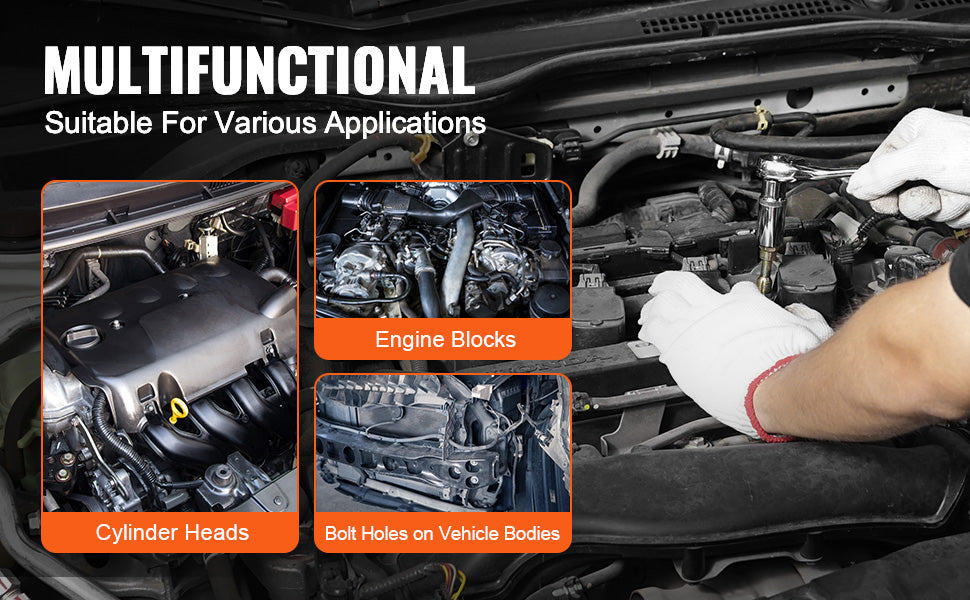 A multi-functional kit showing engine blocks, cylinder heads, and bolt holes on a vehicle body.